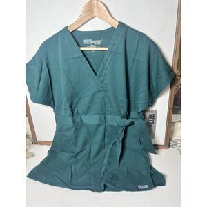 Grey's Anatomy Barco Womens S Scrub Top 2 Pocket Kimono Wrap Deep Forest  NWT